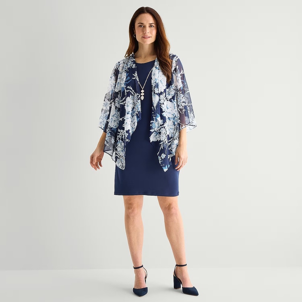 Studio One Womens XL Navy Denim 3/4 Sleeve Floral Faux-Jacket Dress With Removab